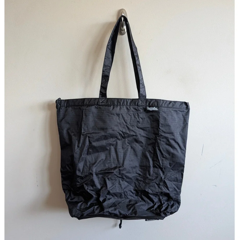 Baggallini Black Ripstop Nylon Foldable Travel Tote Bag with Zippered Bottom